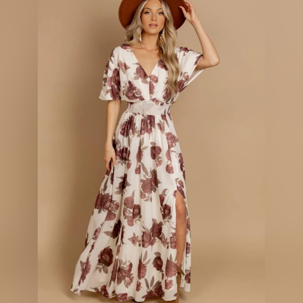 Floral Maxi Dress in Cream and Brown